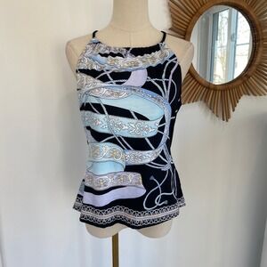 J.McLaughlin Blue White Floral High Neck Tankini Swim Top Shelf Bra M